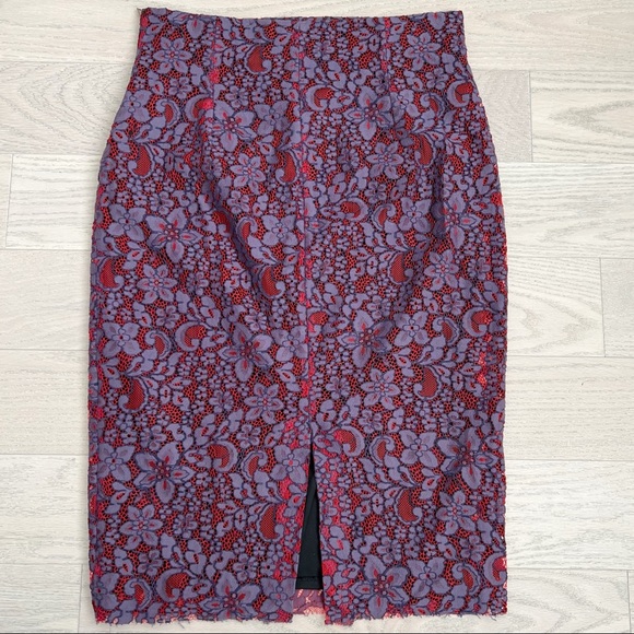 zara • red purple mauve two tone floral lace side zip midi work skirt • m - Picture 9 of 14
